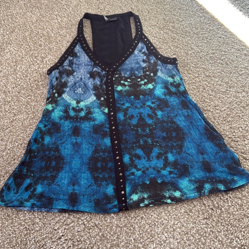 Sparkle & fade brand women’s razor back stud black & blue watercolor design tank